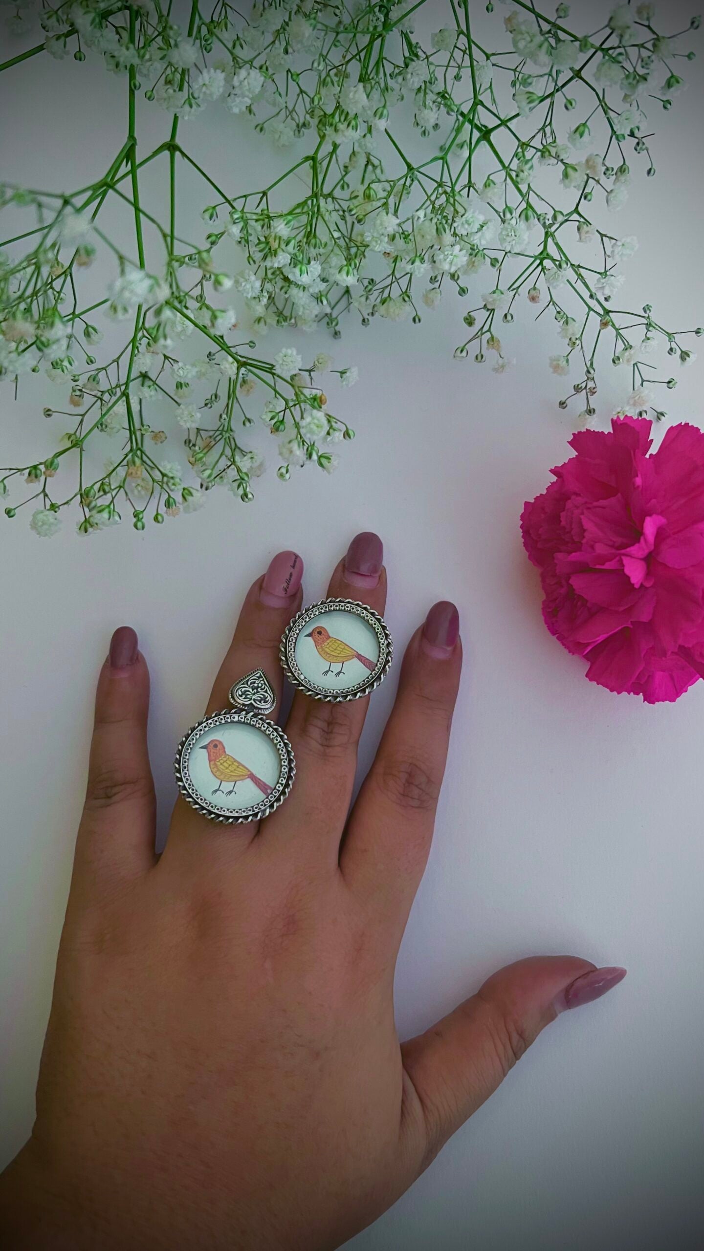"Chidiya”- Artistry and adornment intertwine in our Chidiya hand-painted pure silver rings