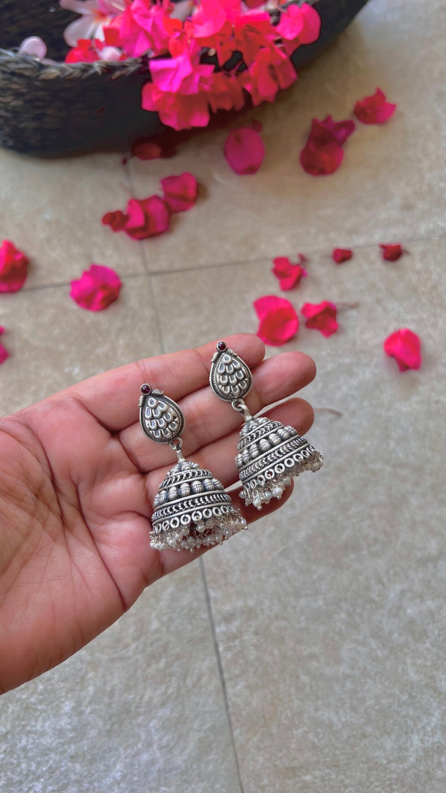 "Shubharambh" :Pankh: Elegance in Every Detail: Admire the Beauty of this Exquisite South Indian Silver Jhumka