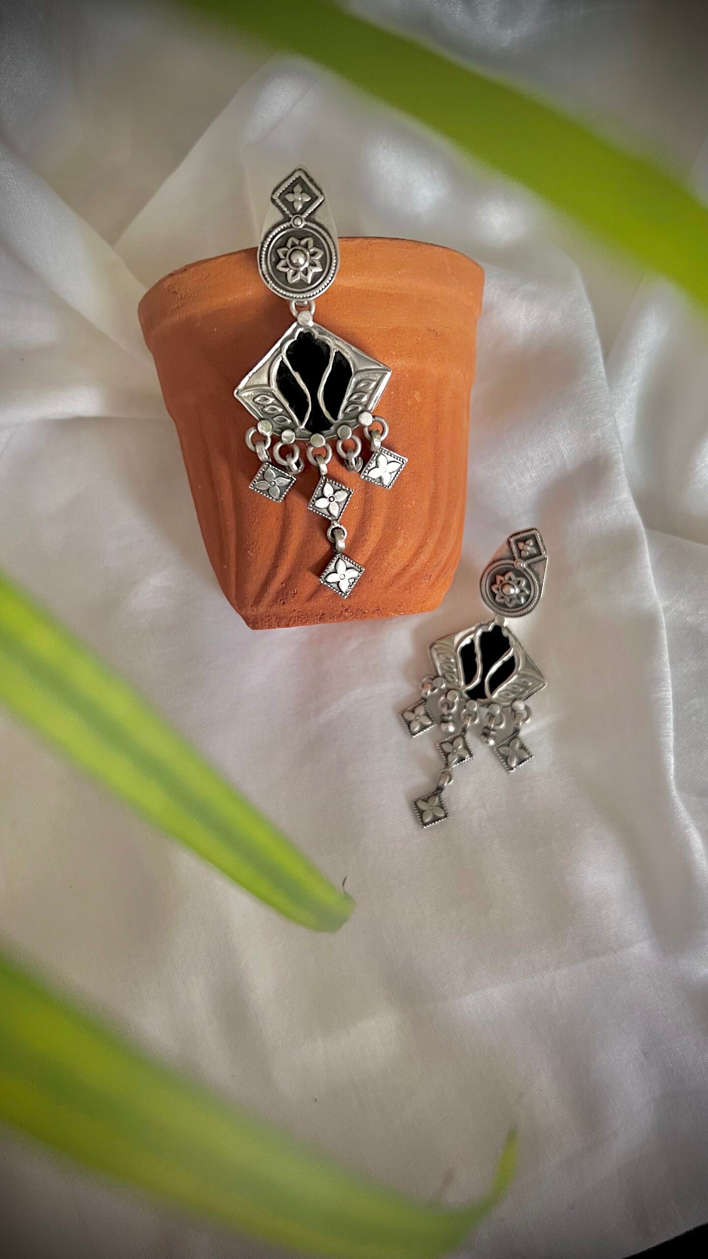 "Hansini हँसिनी "-Exquisite swan-patterned silver earrings, handcrafted with intricate Patra work(BA04)