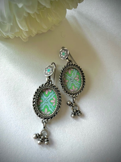 "Netra"- Lovely Pastel Sea-Green Oval Earrings with Floral detailing