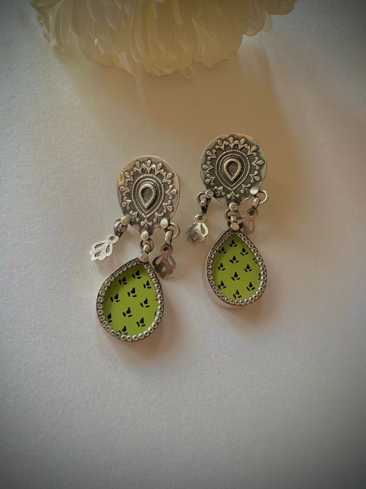 "Kamya": Timeless Pastel Green hand-painted earrings with candid silver crafted studs