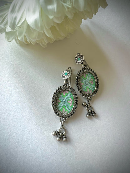 "Netra"- Lovely Pastel Sea-Green Oval Earrings with Floral detailing