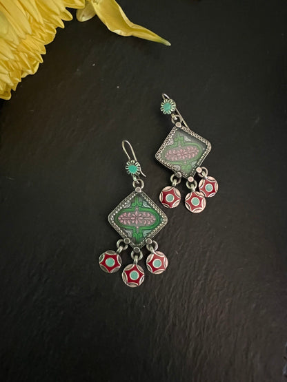 Aabir : Glamorous Hand-Painted Sea Green earrings with Floral hangings