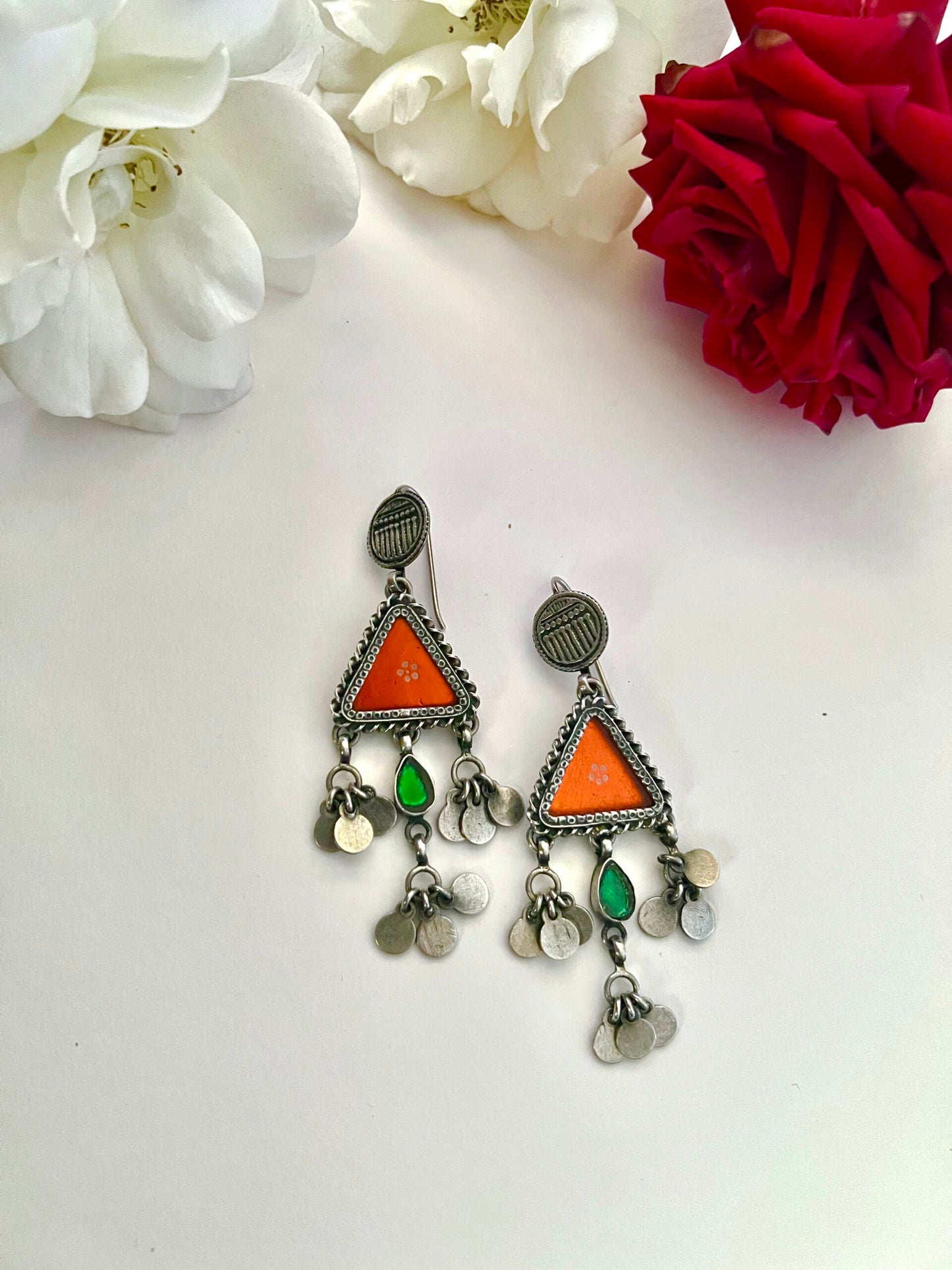 Sona Roopa: Pretty Burnt Orange Hand-Painted Earrings with silver crafted hangings