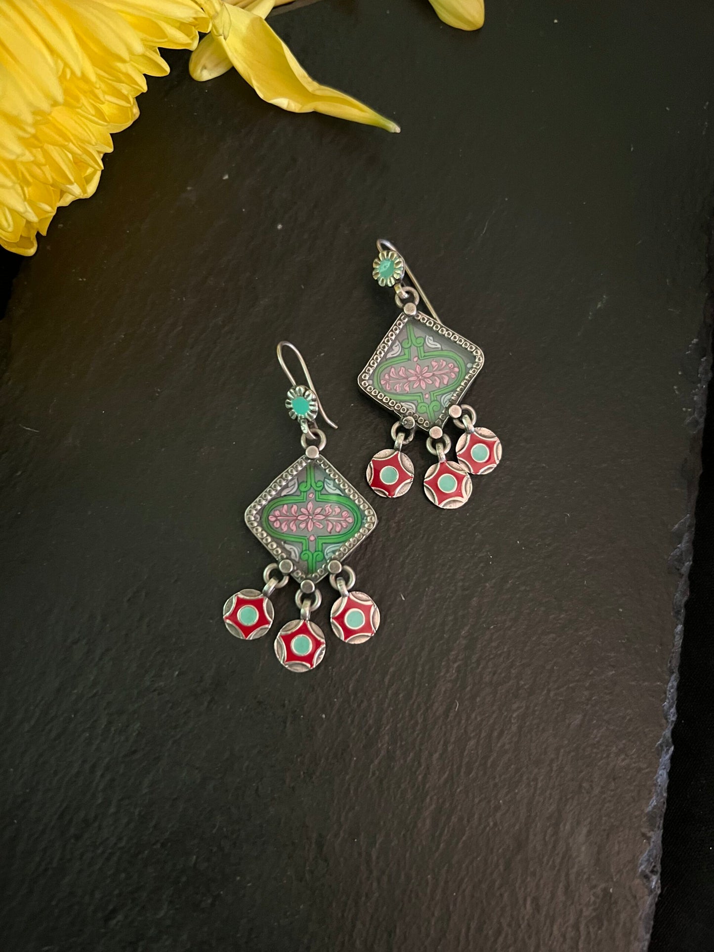 Aabir : Glamorous Hand-Painted Sea Green earrings with Floral hangings