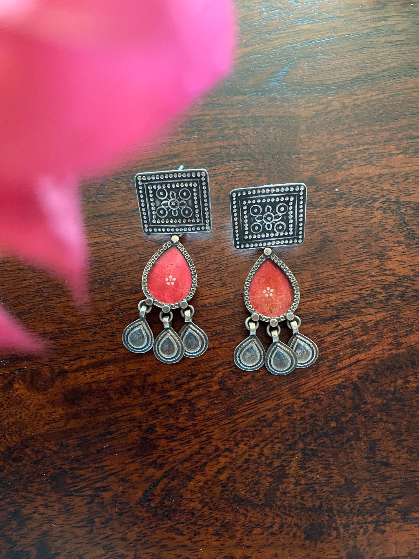 "कनेर" : Kaner :Silver Crafted Studs with Red Glass hand-Painted drops