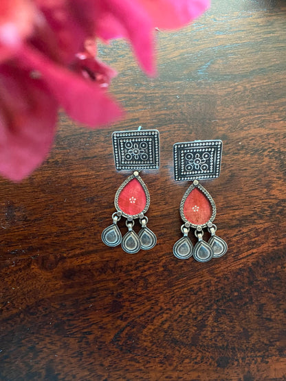 "कनेर" : Kaner :Silver Crafted Studs with Red Glass hand-Painted drops