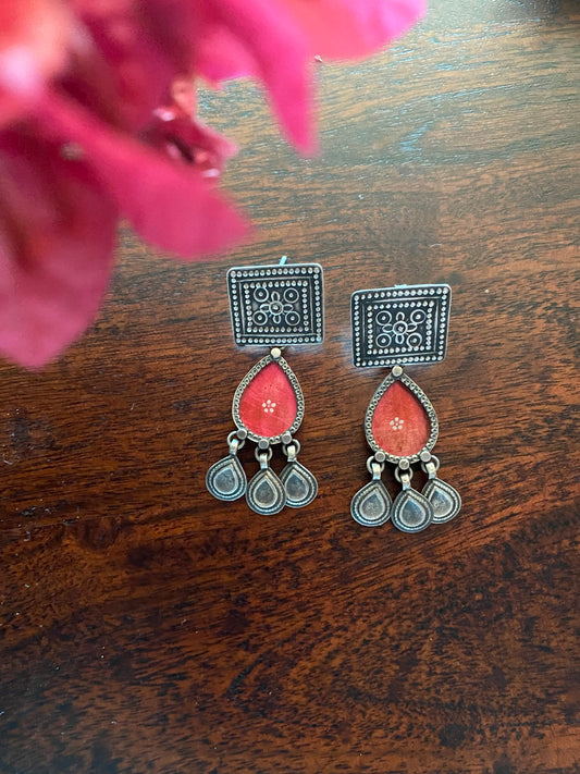 "कनेर" : Kaner :Silver Crafted Studs with Red Glass hand-Painted drops