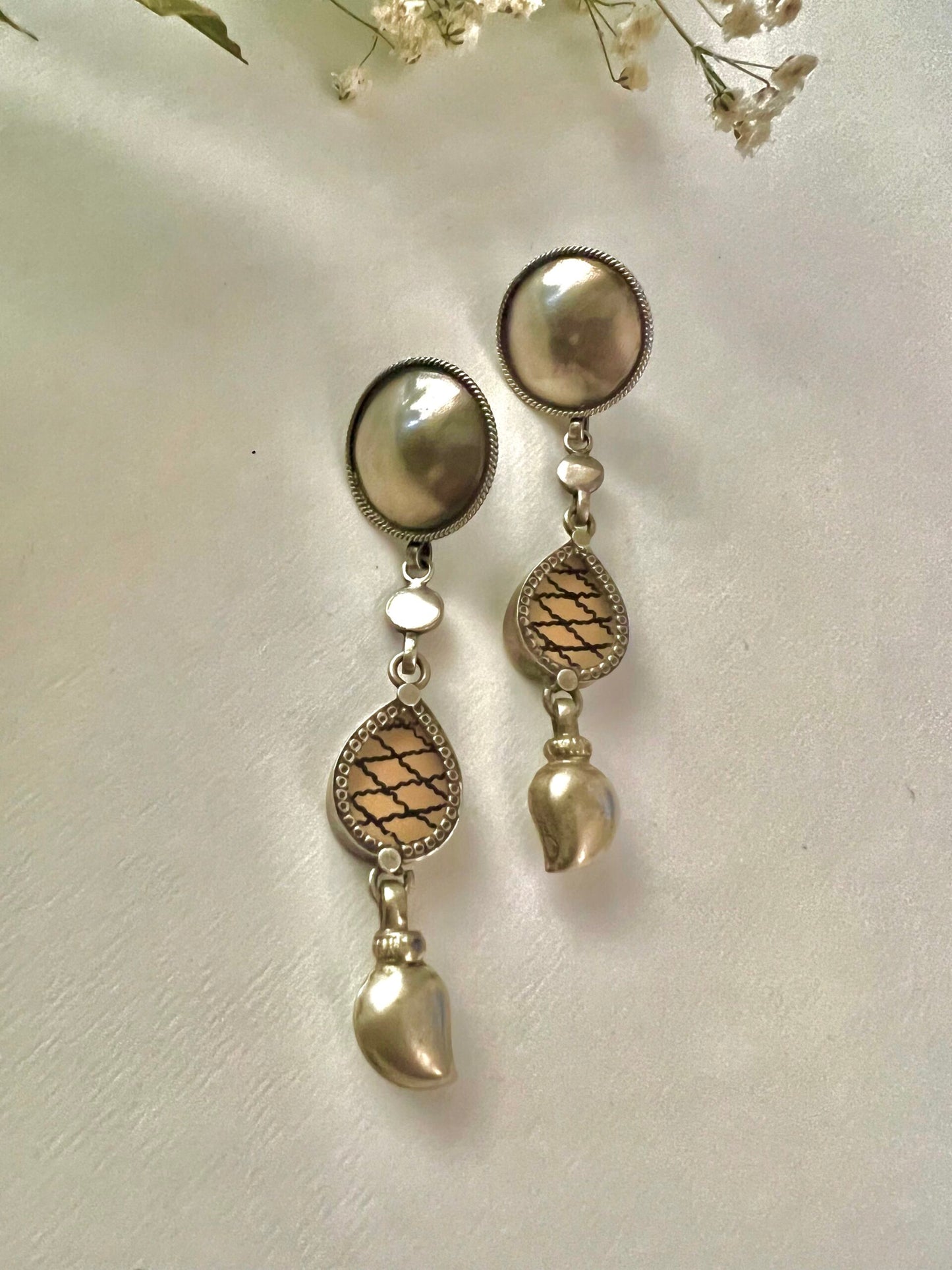 "Ambi": Elegant Dull Skin colour hand-painted tear drop earrings with striking versatile Ambi hangings