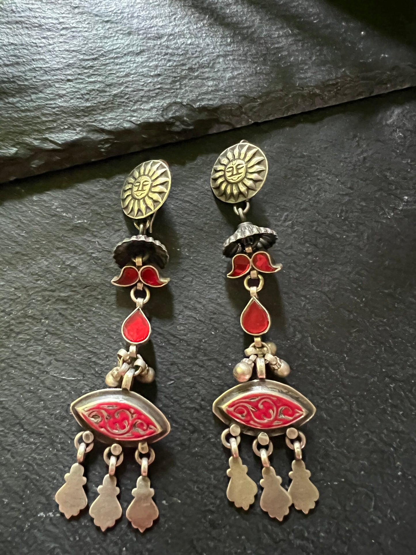 Pushti : exciting red long glass silver fusion earrings