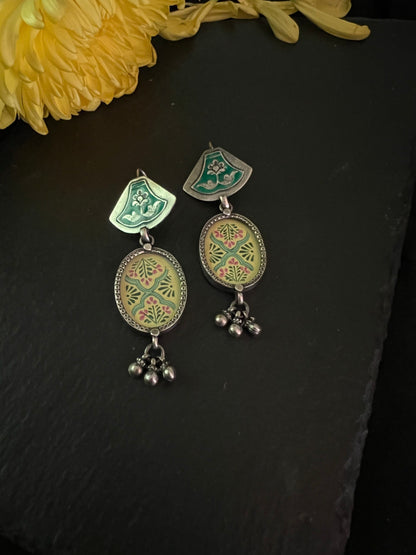 ABINTA : Ornate green and yellow hand-painted earrings