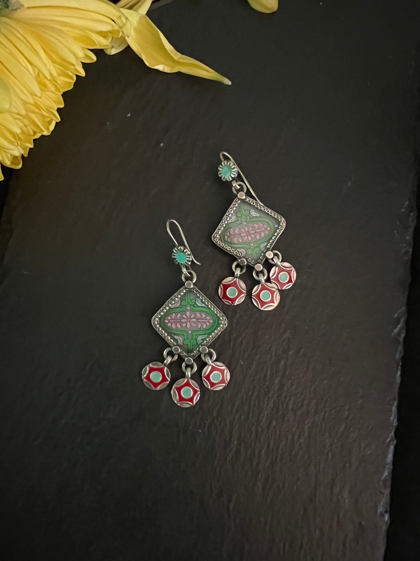 Aabir : Glamorous Hand-Painted Sea Green earrings with Floral hangings