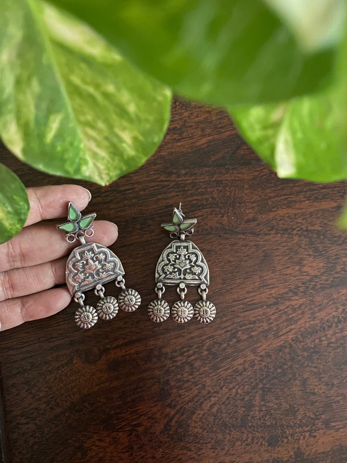 "तनया" Tanya Splendid Silver Crafted Fusion earrings with sea green glass stud