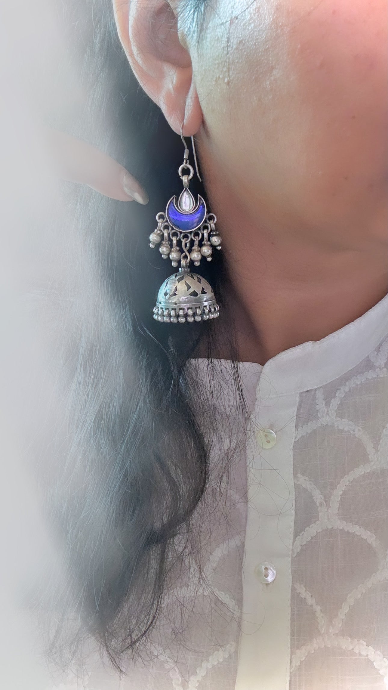 MADE TO ORDER "Chaand Jhumki" : White and Blue : illuminate the night with Chaand Jhumka