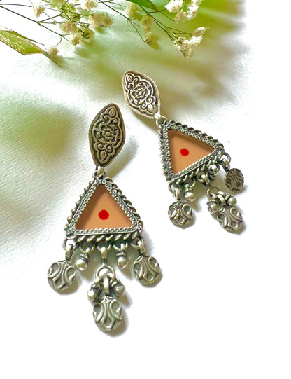 "Jeevika": Graceful orange Hand-painted earrings with versatile silver hangings with tribal patterns