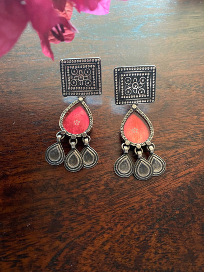 "कनेर" : Kaner :Silver Crafted Studs with Red Glass hand-Painted drops