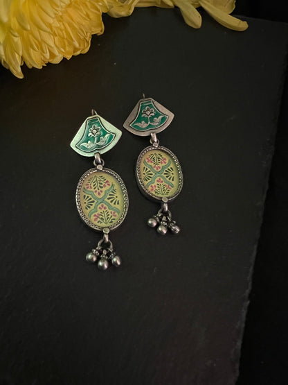 ABINTA : Ornate green and yellow hand-painted earrings