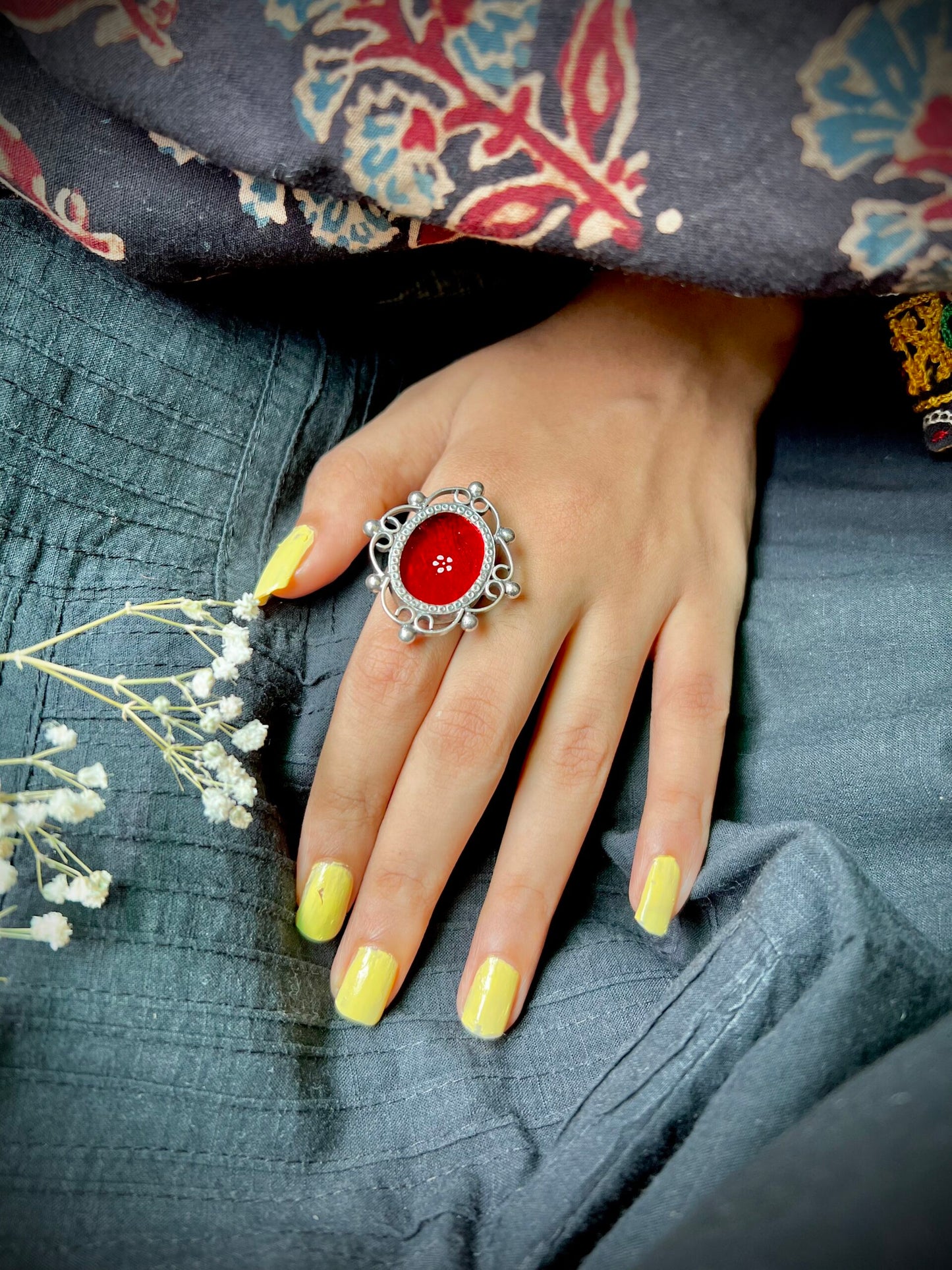 "Riddhi" : Queenly Burnt Red Hand-Painted Ring (Made to order)