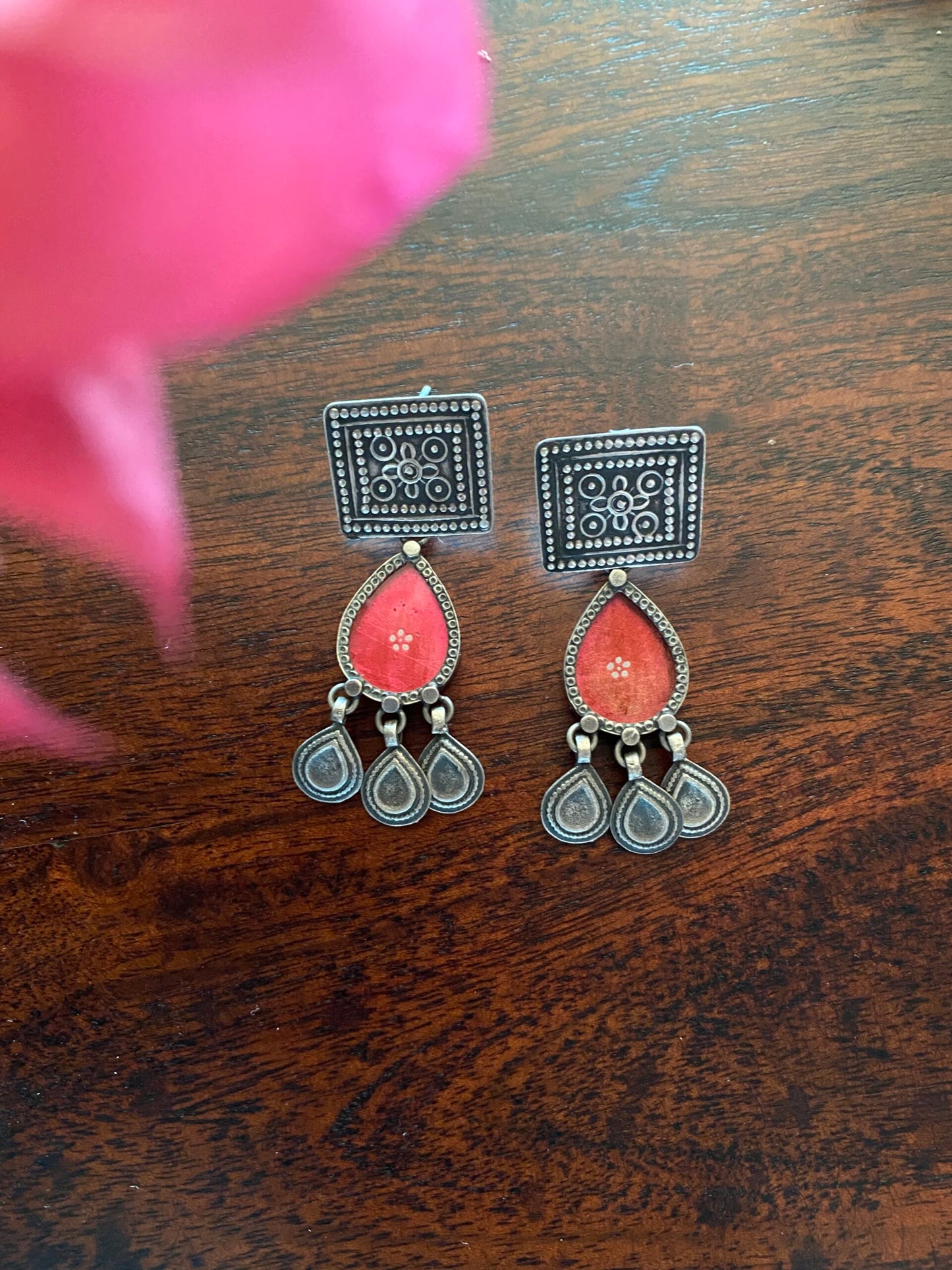 "कनेर" : Kaner :Silver Crafted Studs with Red Glass hand-Painted drops