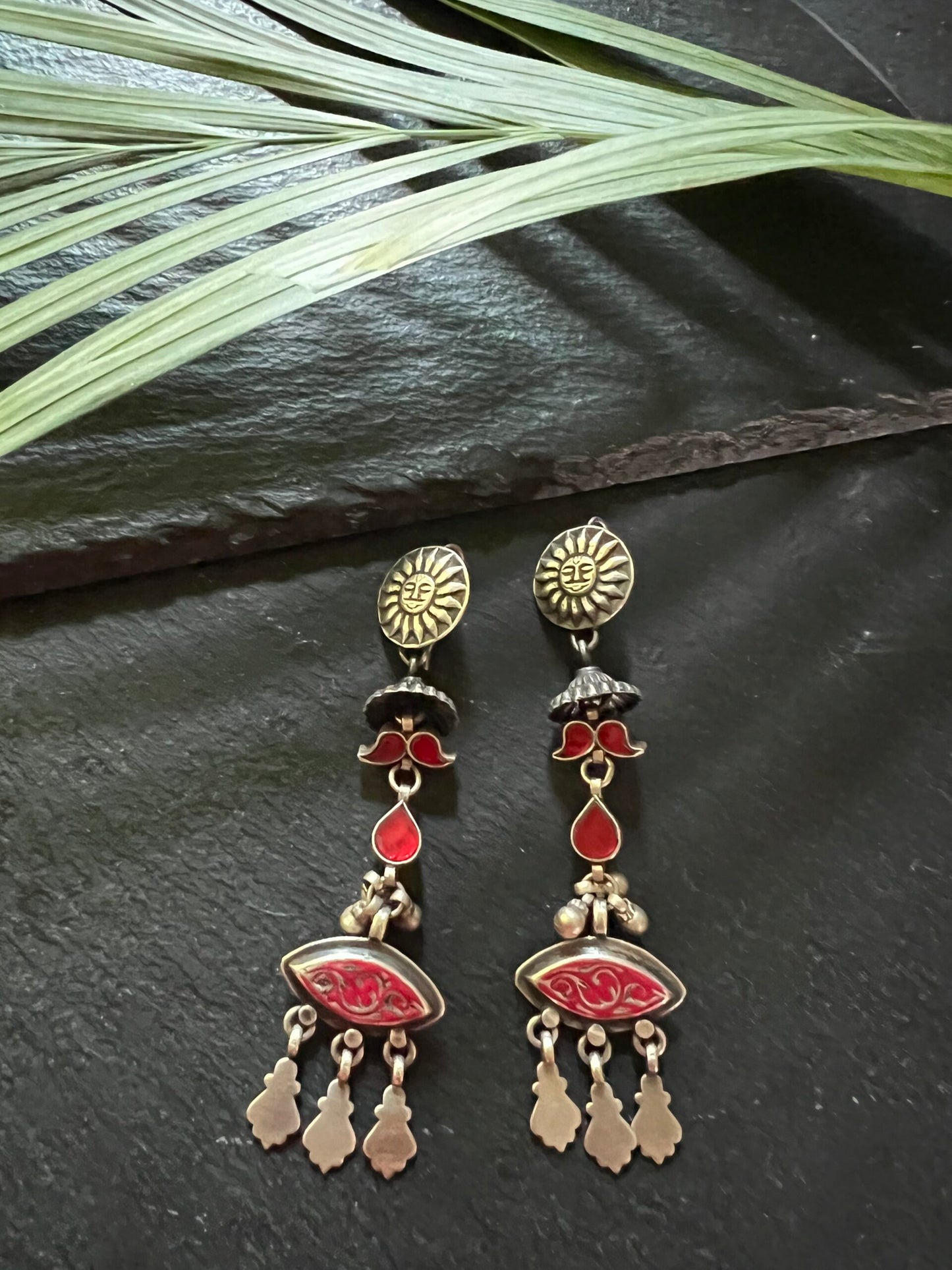 Pushti : exciting red long glass silver fusion earrings