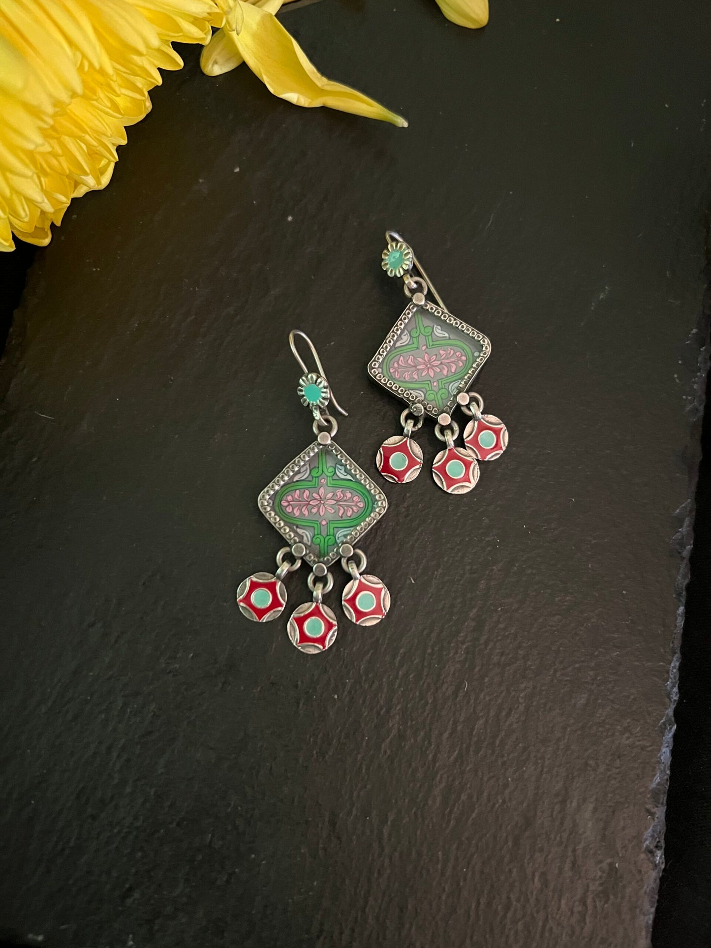 Aabir : Glamorous Hand-Painted Sea Green earrings with Floral hangings