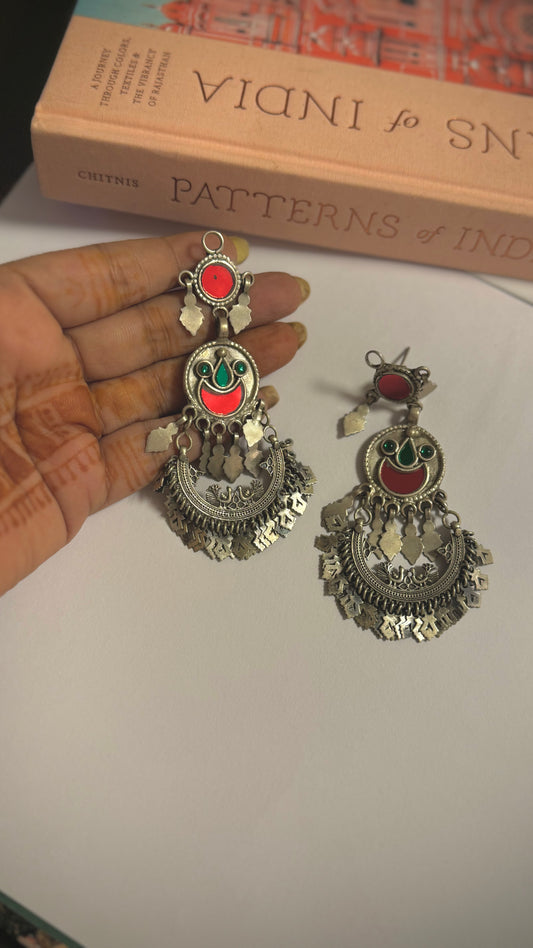 “Ruhaniyat” : Vintage Chandbalis with striking Red and Green glass accents.