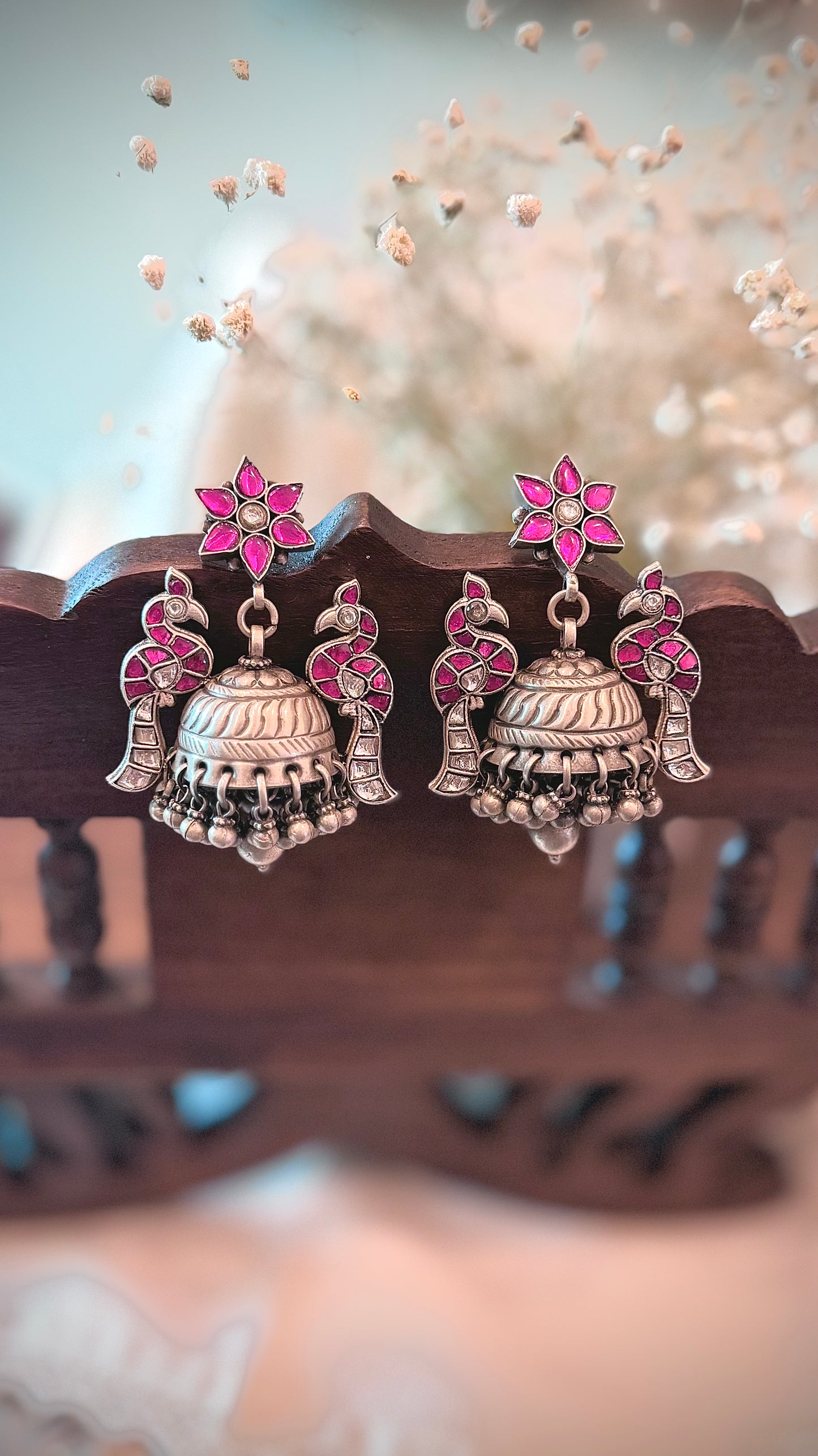 (MADE TO ORDER) “Morni Mukut” : Embrace royal elegance with these palace-inspired peacock jhumkas.