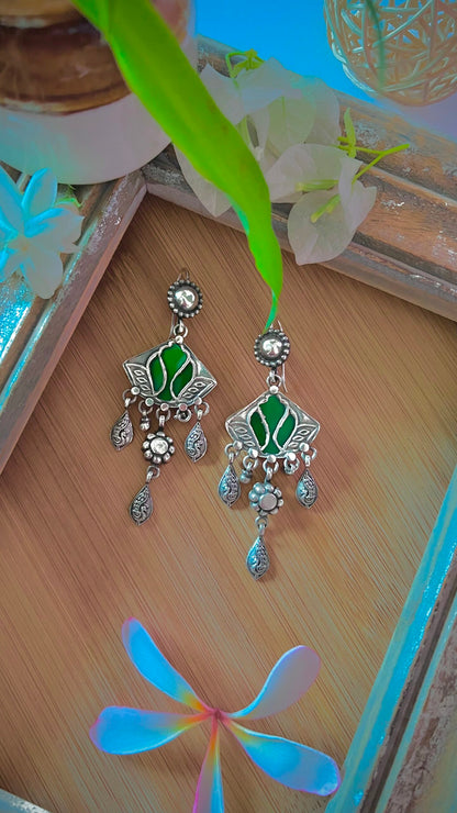 "Hansini हँसिनी "-Exquisite swan-patterned silver earrings, handcrafted with intricate Patra work (GA04)