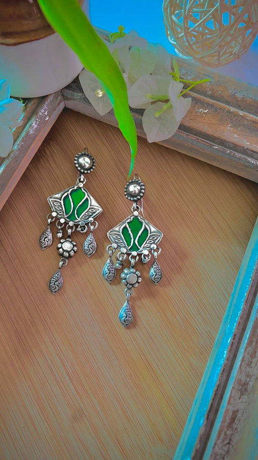 "Hansini हँसिनी "-Exquisite swan-patterned silver earrings, handcrafted with intricate Patra work (GA04)