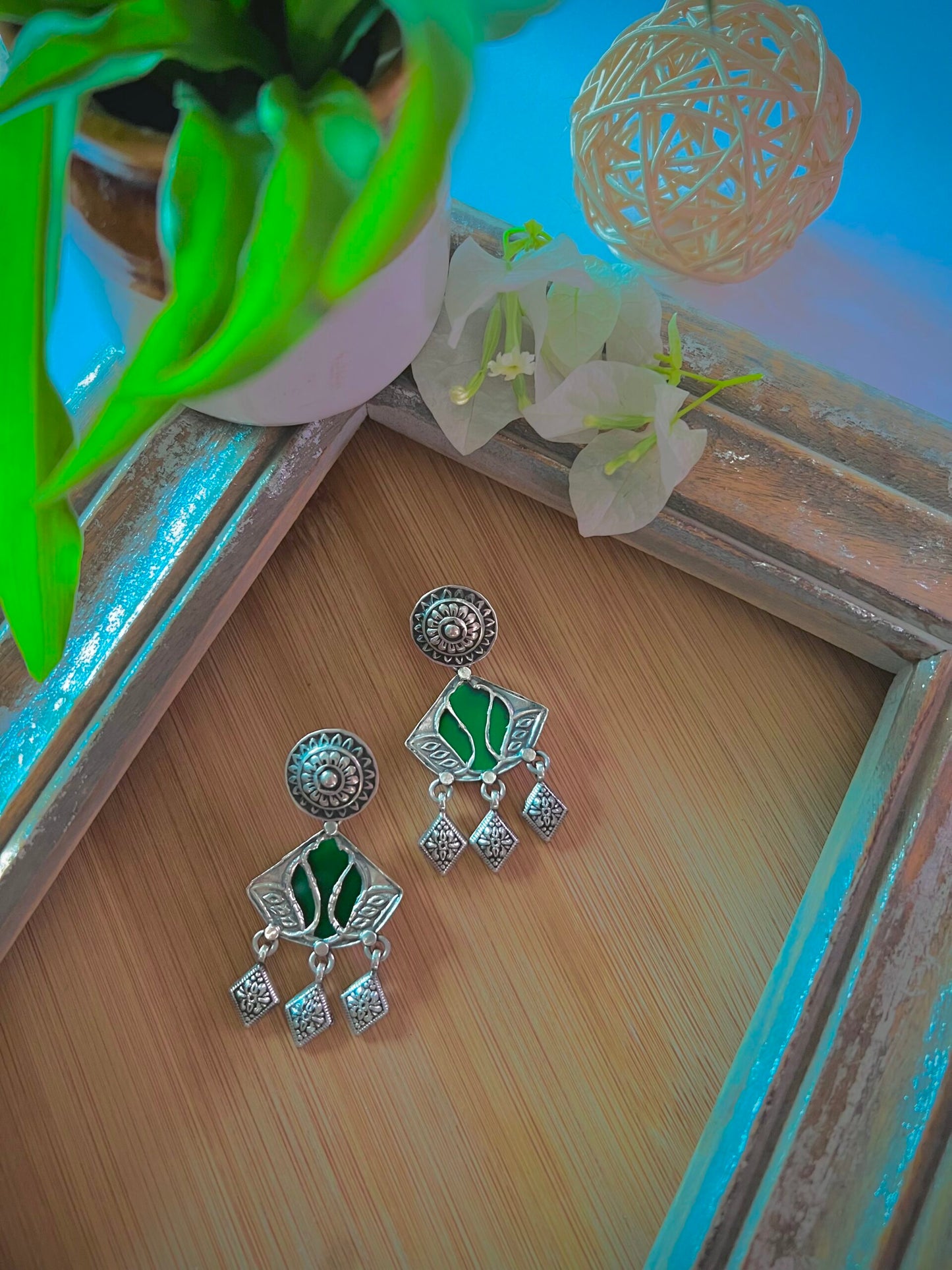 "Hansini हँसिनी "-Exquisite swan-patterned silver earrings, handcrafted with intricate Patra work (GA02)