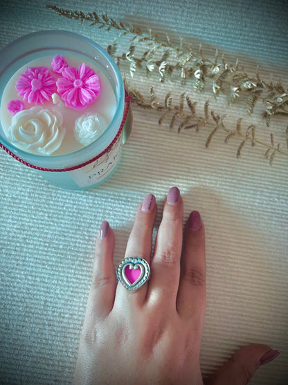 "EverHeart": (Pastel Pink): Heart-shaped silver-crafted ring, a shimmering symbol of unbreakable bonds