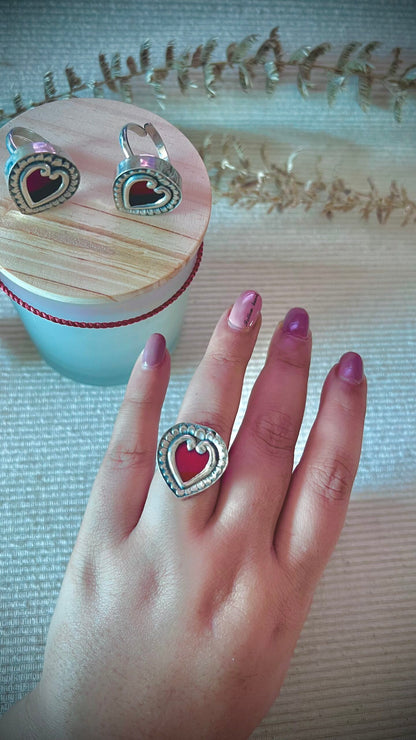 "EverHeart": (Burnt Red): Heart-shaped silver-crafted ring, a shimmering symbol of unbreakable bonds