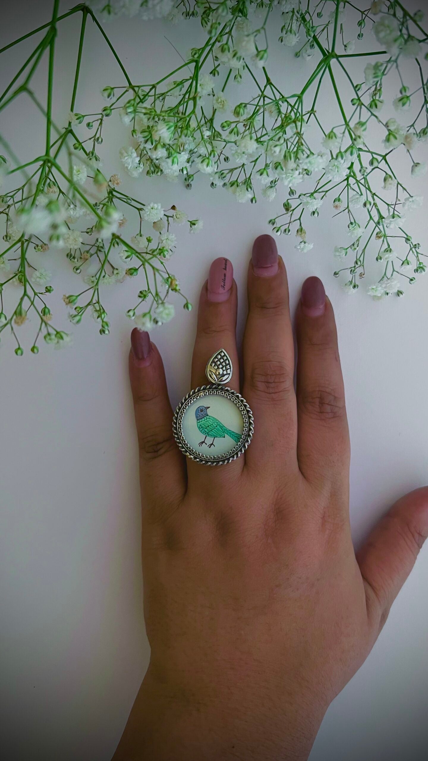 "Chidiya”- Tiny canvases of elegance: Explore our Chidiya hand-painted pure silver rings.