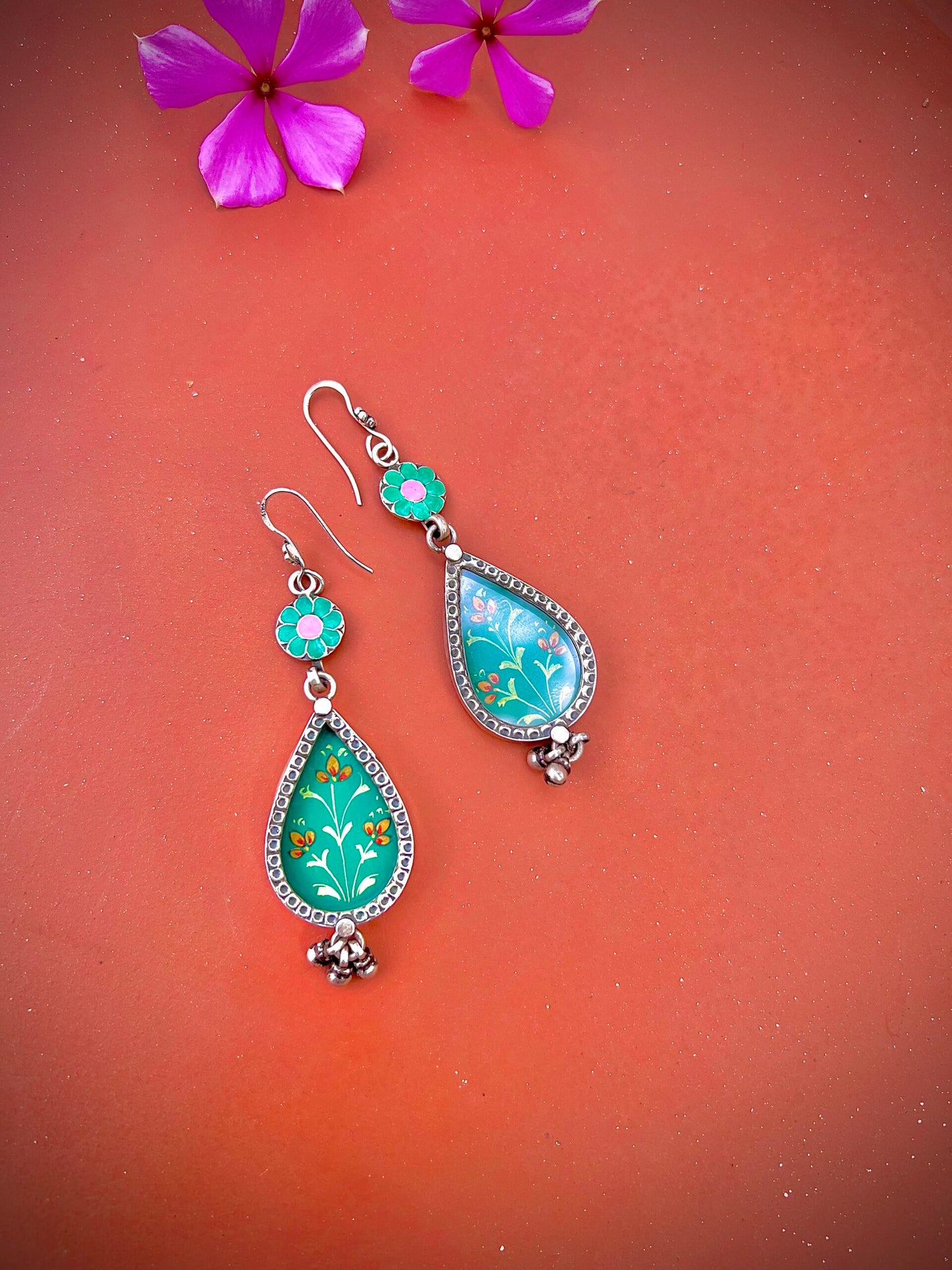 "Grassland Glamour"- Artistic charm meets silver elegance. Hand-painted earrings that captivate.