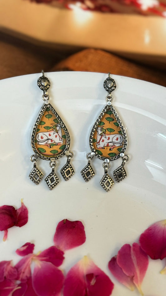 Nandi-Mustard: Handpainted Miniapature Pichwai Art Earrings