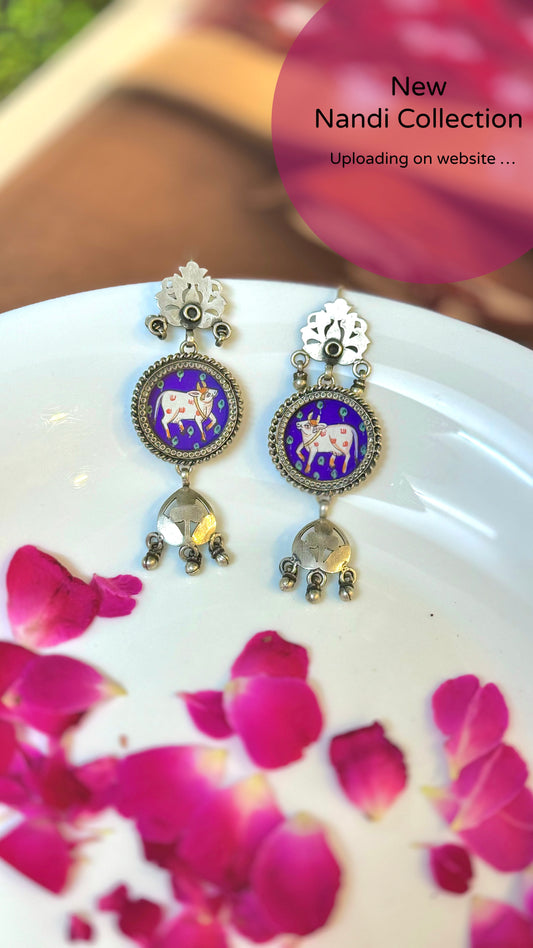 Nandi Vintage Jali: Handpainted Miniapature Pichwai Art Earrings