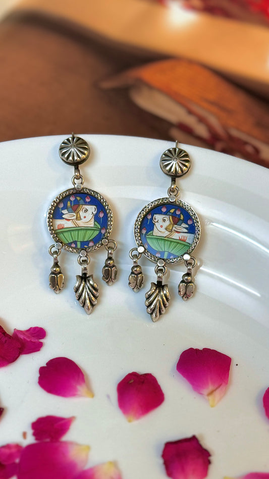 Nandi-Indigo: Handpainted Miniapature Pichwai Art Earrings