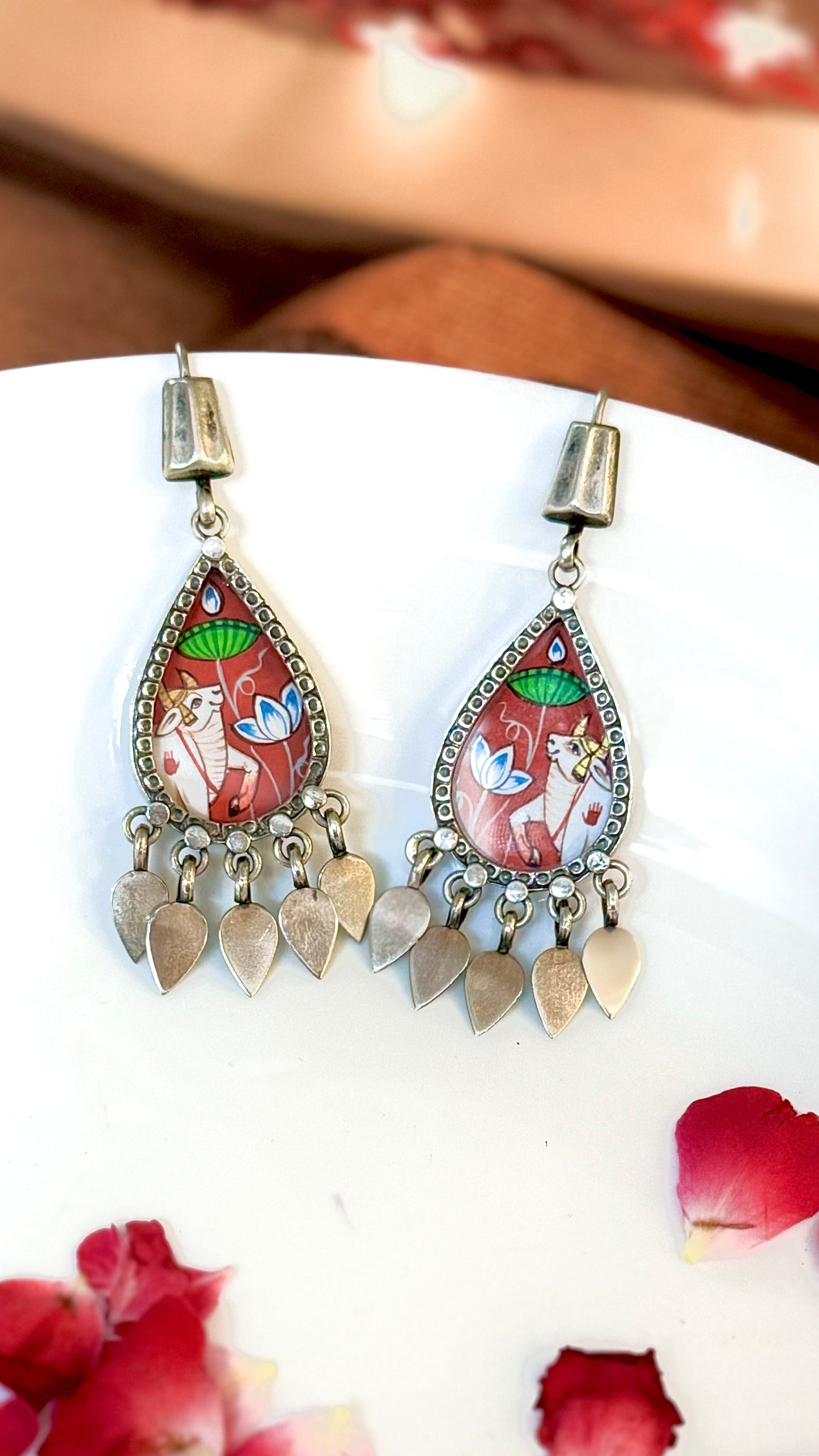 Nandi-Orange: Handpainted Miniapature Pichwai Art Earrings