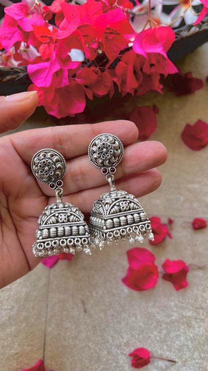 "Shubharambh" :Charulata: Timeless Elegance: South Indian Silver Jhumkas with Delicate Artistry