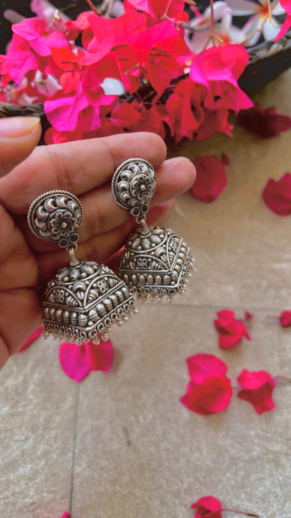 "Shubharambh" :Charulata: Timeless Elegance: South Indian Silver Jhumkas with Delicate Artistry