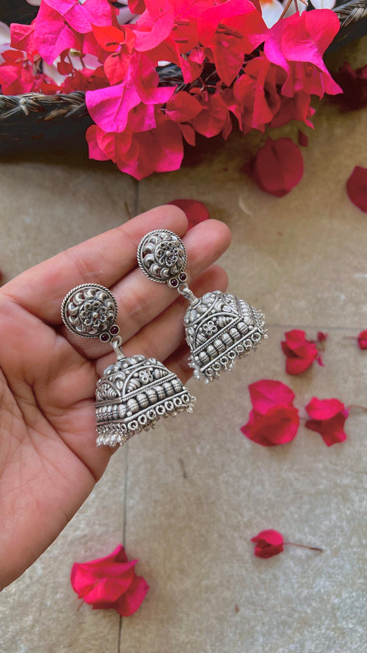 "Shubharambh" :Charulata: Timeless Elegance: South Indian Silver Jhumkas with Delicate Artistry