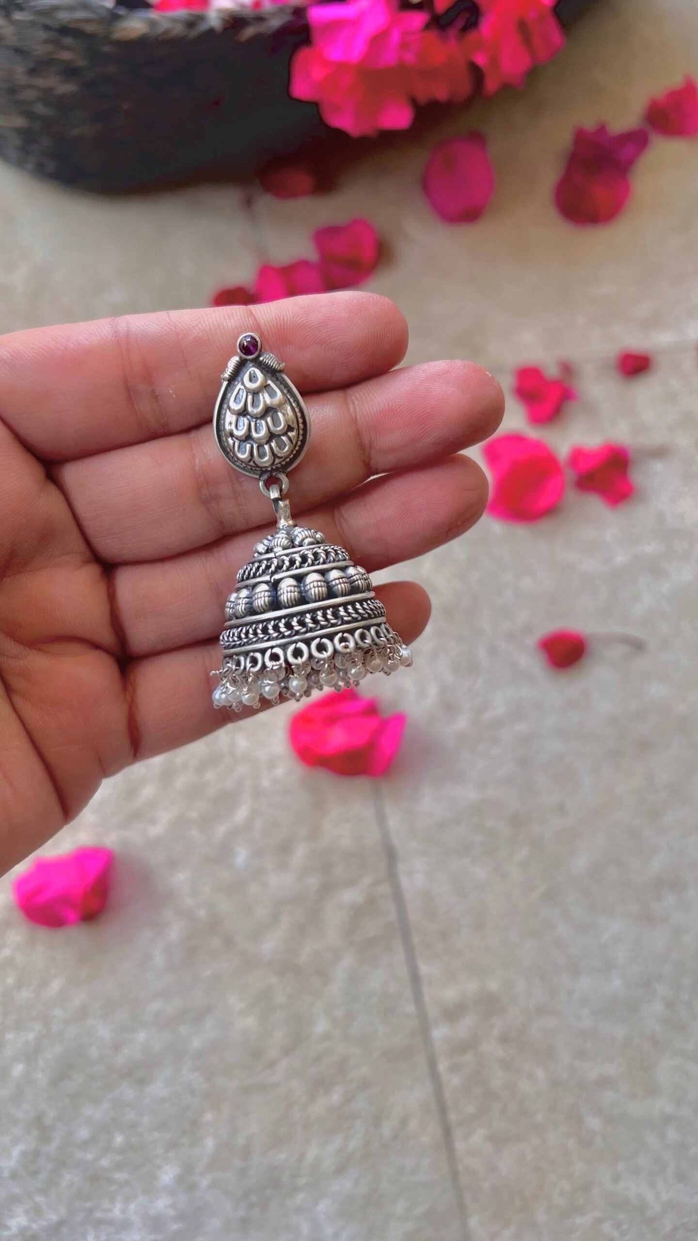 "Shubharambh" :Pankh: Elegance in Every Detail: Admire the Beauty of this Exquisite South Indian Silver Jhumka