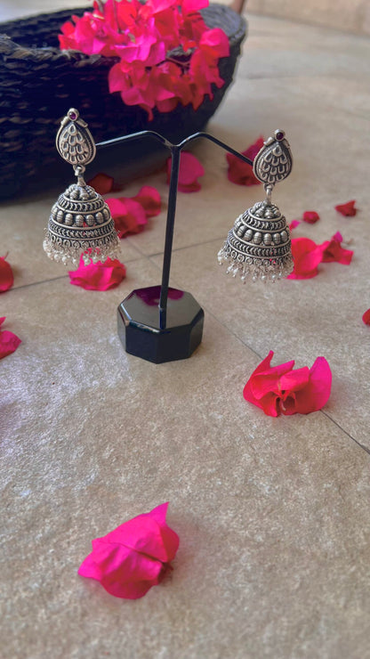 "Shubharambh" :Pankh: Elegance in Every Detail: Admire the Beauty of this Exquisite South Indian Silver Jhumka