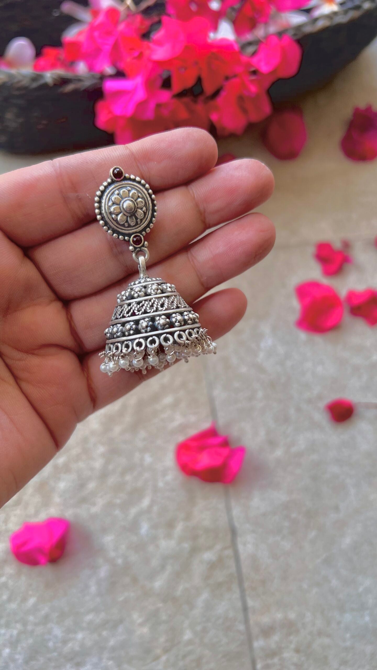 "Shubharambh" :Veda: Timeless Elegance: South Indian Silver Jhumkas with Delicate Artistry