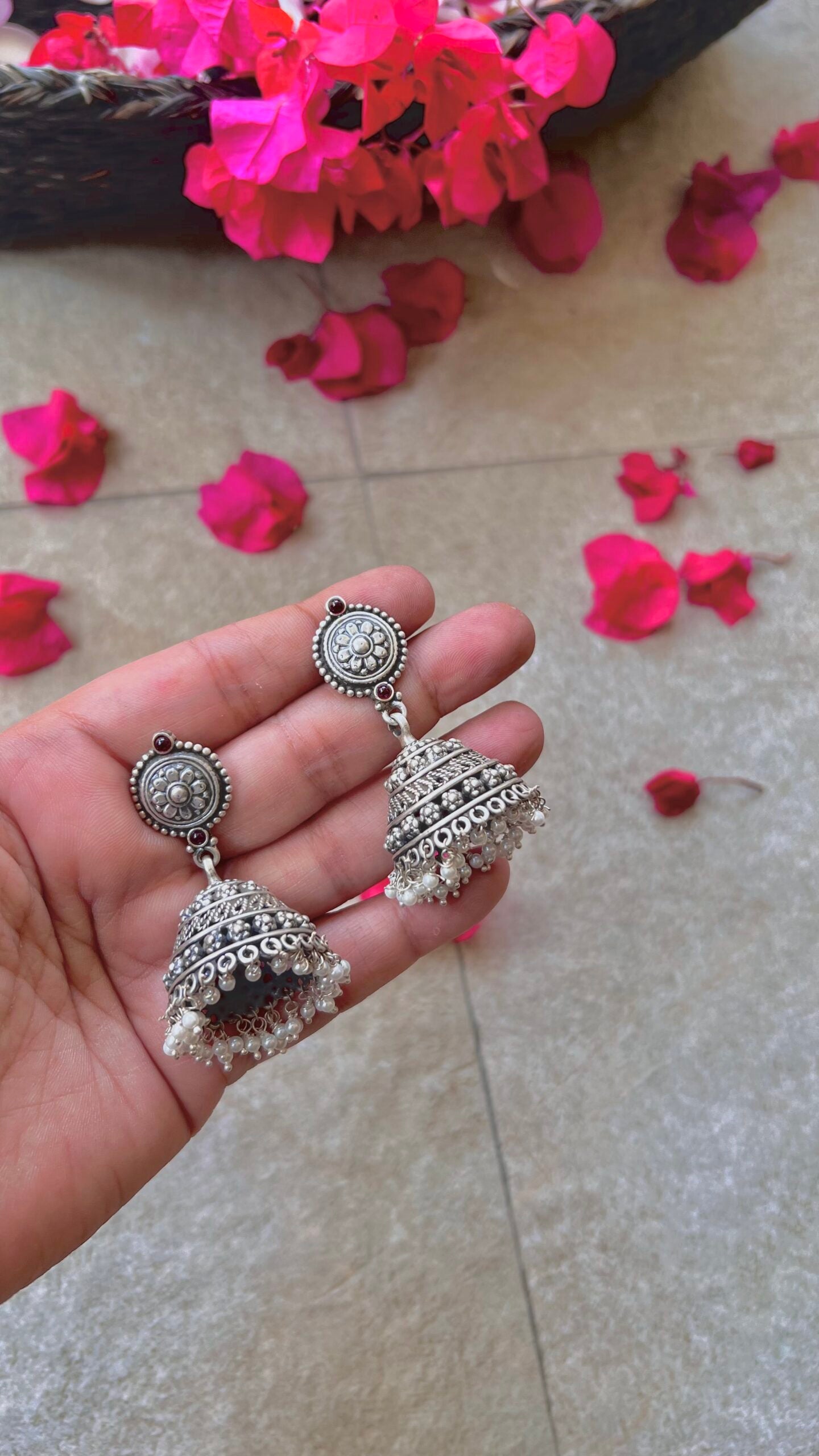 "Shubharambh" :Veda: Timeless Elegance: South Indian Silver Jhumkas with Delicate Artistry