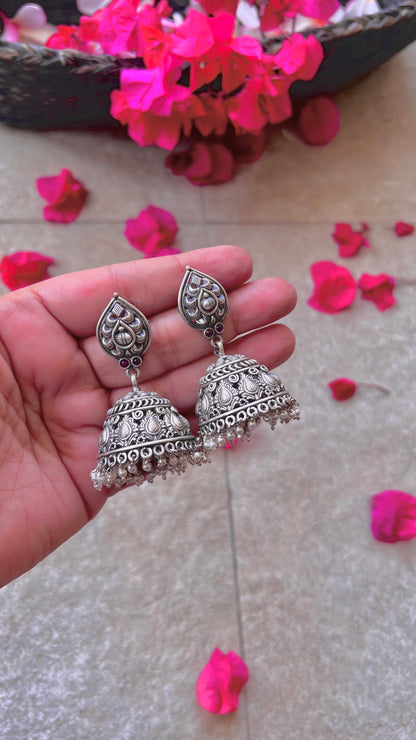 "Shubharambh" :Aaradhya: Adorn Your Ears with South Indian Charm: Pure Silver Jhumkas with Artful Details.