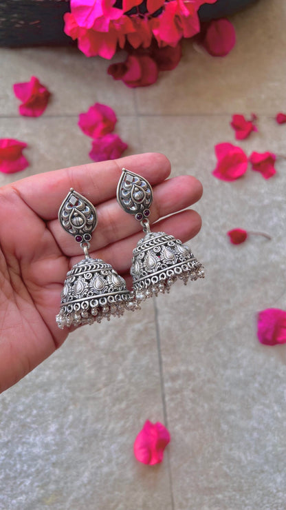 "Shubharambh" :Aaradhya: Adorn Your Ears with South Indian Charm: Pure Silver Jhumkas with Artful Details.