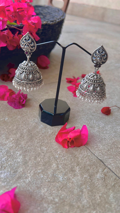 "Shubharambh" :Aaradhya: Adorn Your Ears with South Indian Charm: Pure Silver Jhumkas with Artful Details.