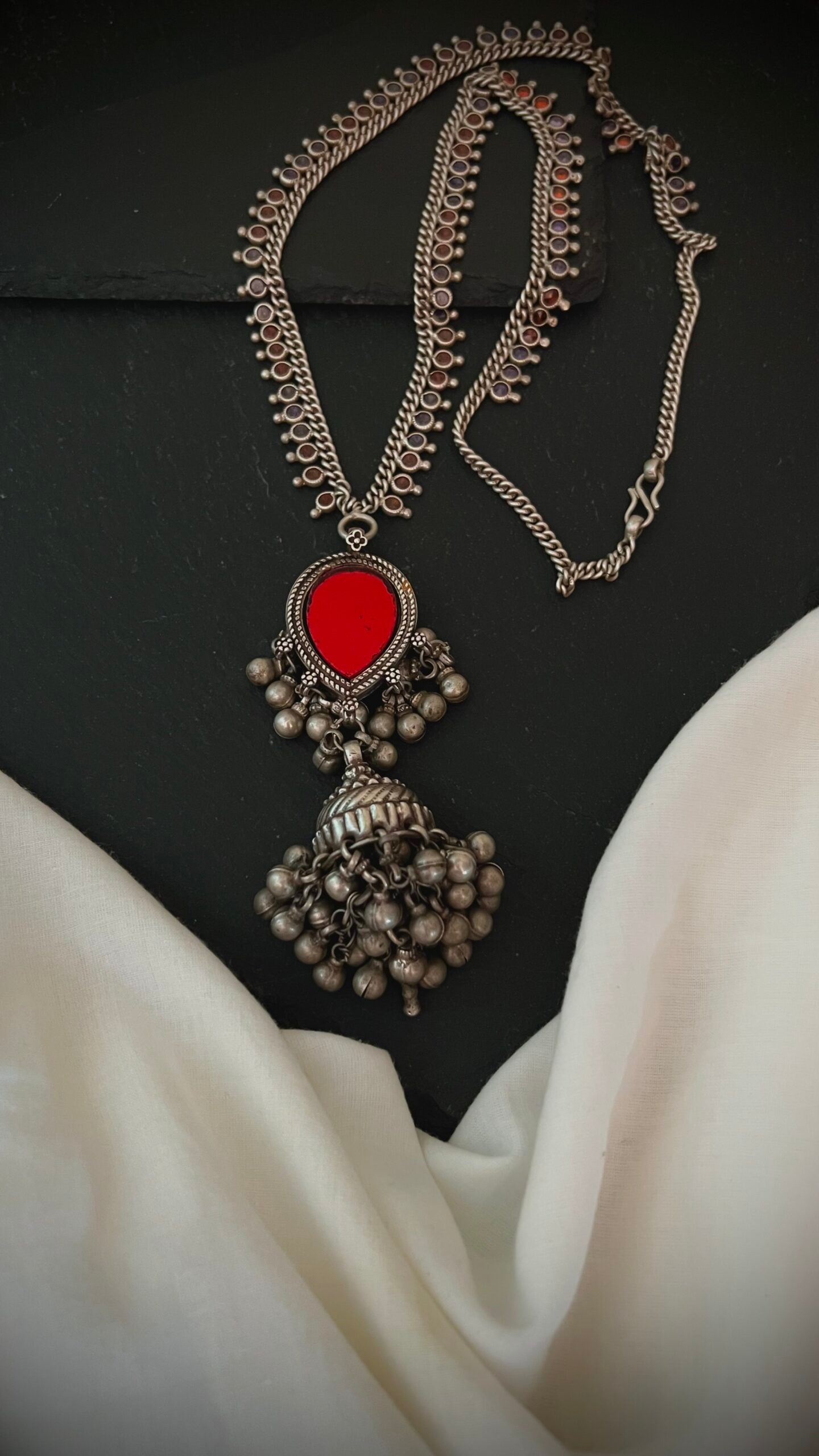 "Roja" : Ethereal Tribal Beauty: Vibrant Reds Highlight Exquisite Stone Neckline. (Made to Order)