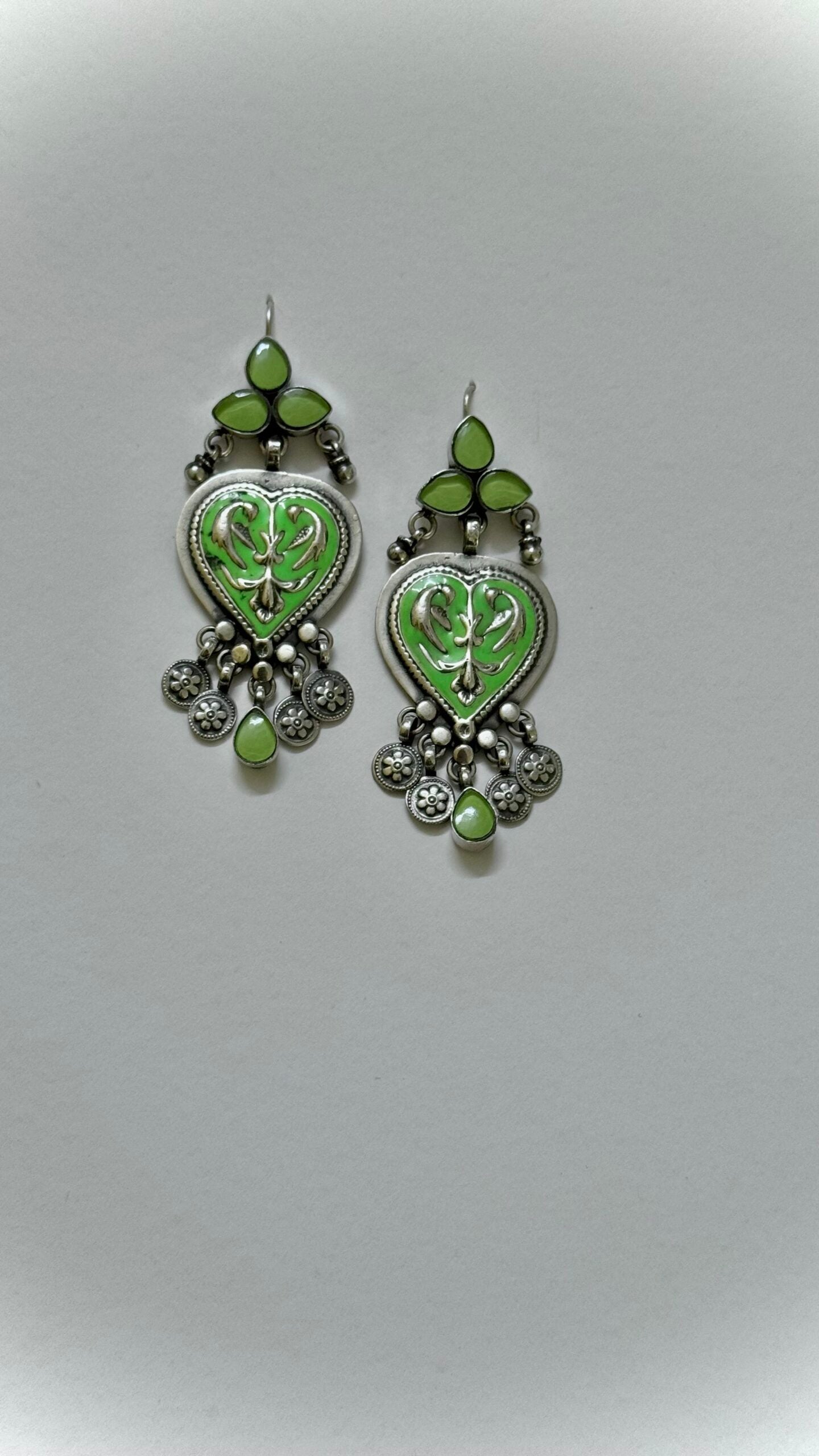 Meetha Paan : Elegant silver earrings with a Pop of Cheerful Tota Green